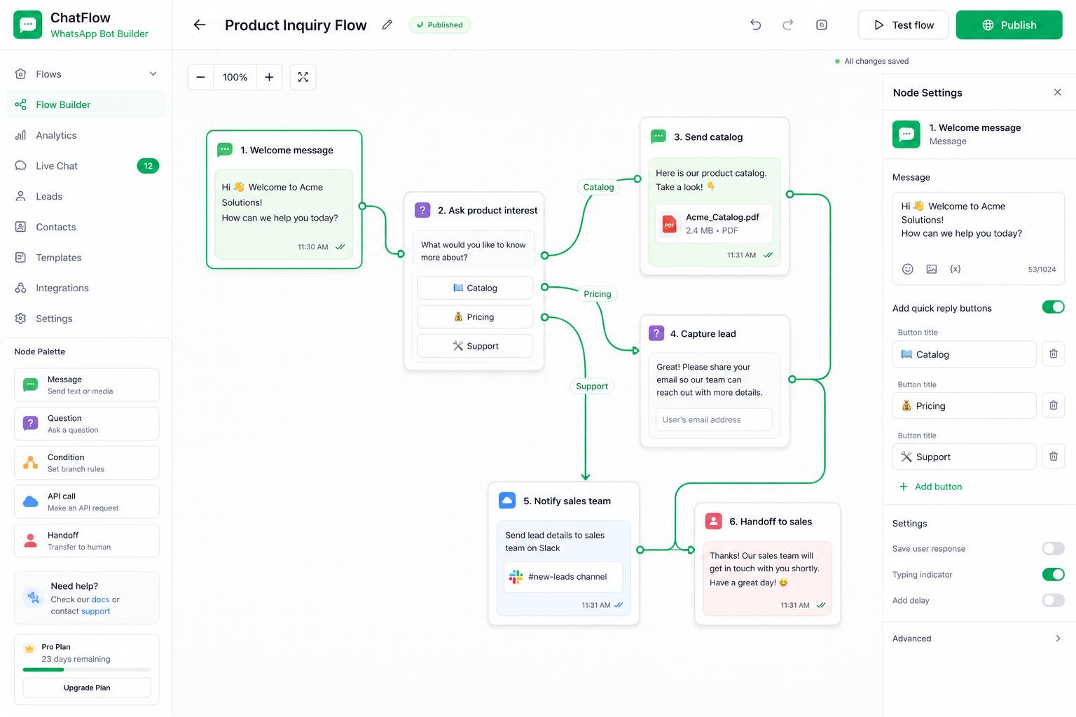 WATI chatbot flow builder
