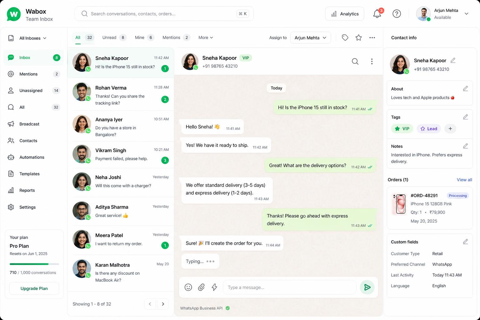 WATI WhatsApp team inbox with live customer conversations, contact details and order info